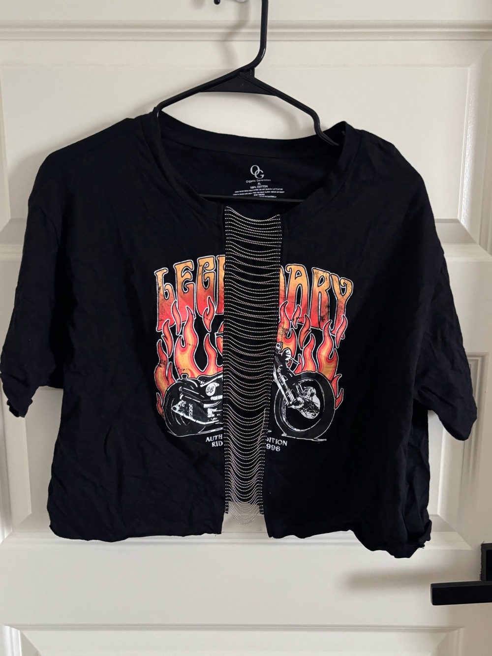 Black 'Legendary' Flame Graphic Women’s Crop Tee with Chain Detail